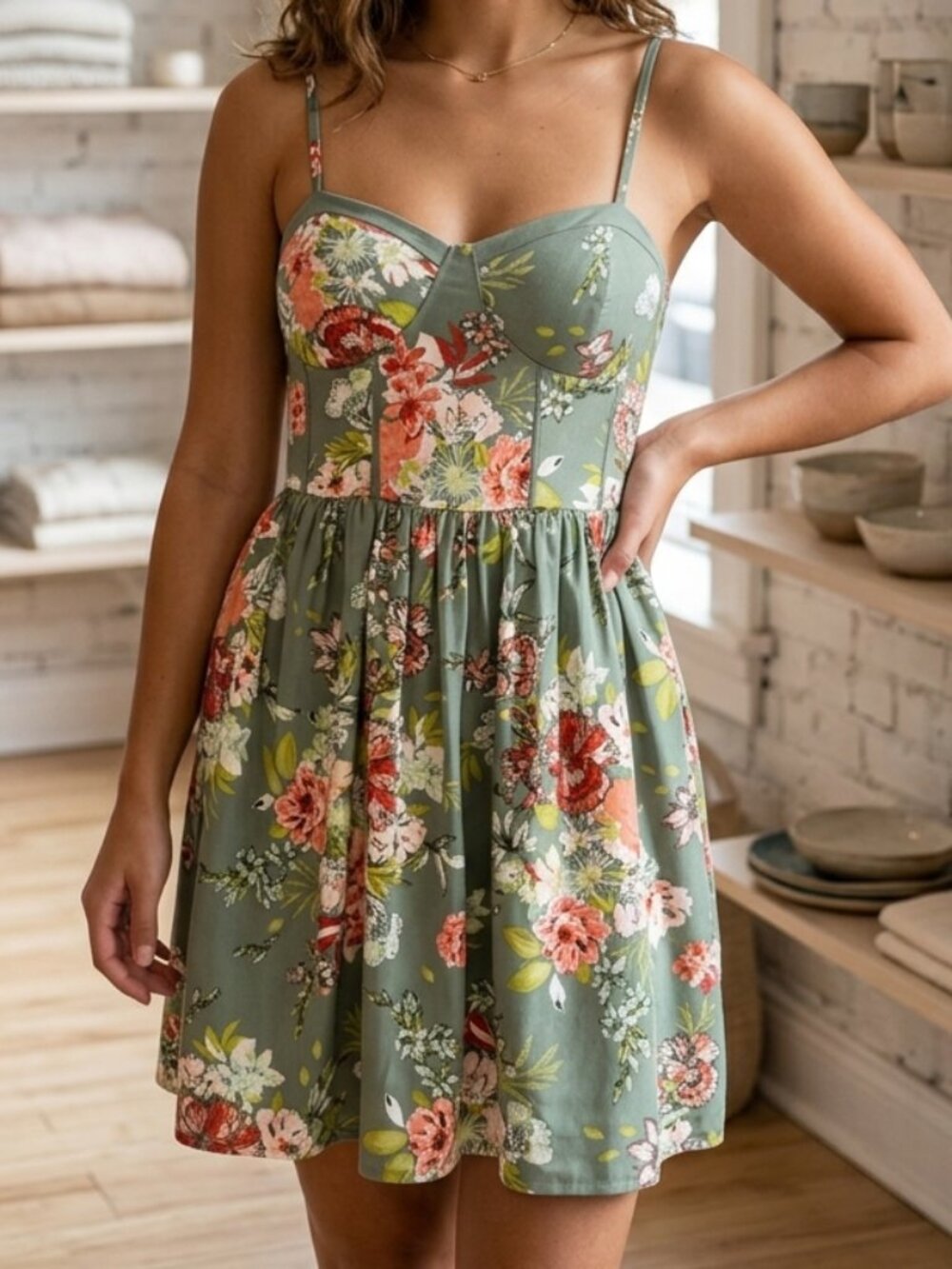 Floral Bustier B.O.G. Collective Sage Green Polyester Sundress Size M Medium